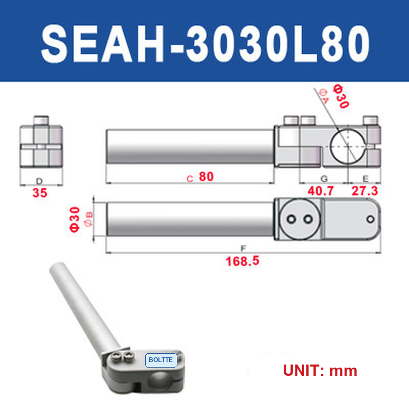 BOLTTE SEAH-3030L80 heavy-duty adjustable elbow arm clamp bracket with engineering dimensions