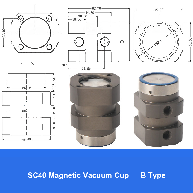 BOLTTE SC40 B Type magnetic vacuum cup with engineering dimensions