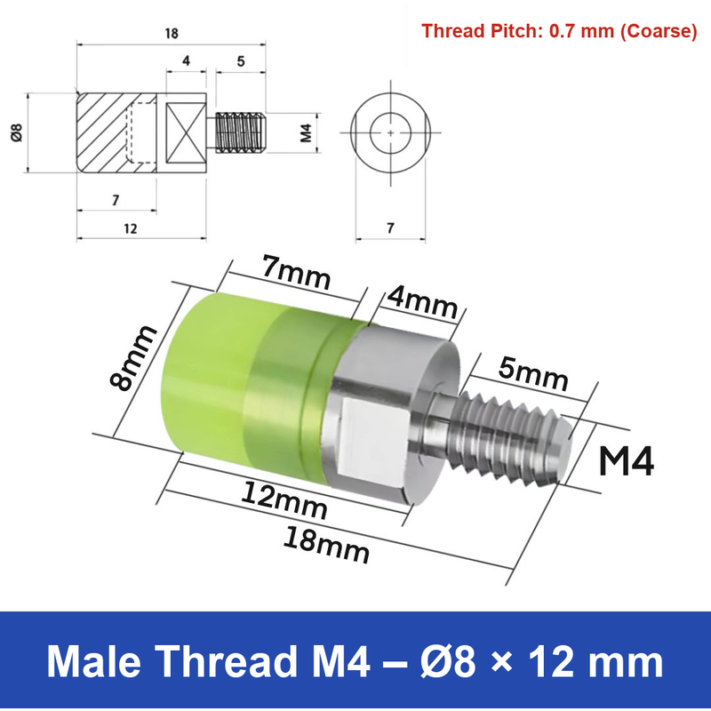 Male Thread M4 – Ø8 × 12 mm, 304 stainless steel polyurethane-coated buffer component