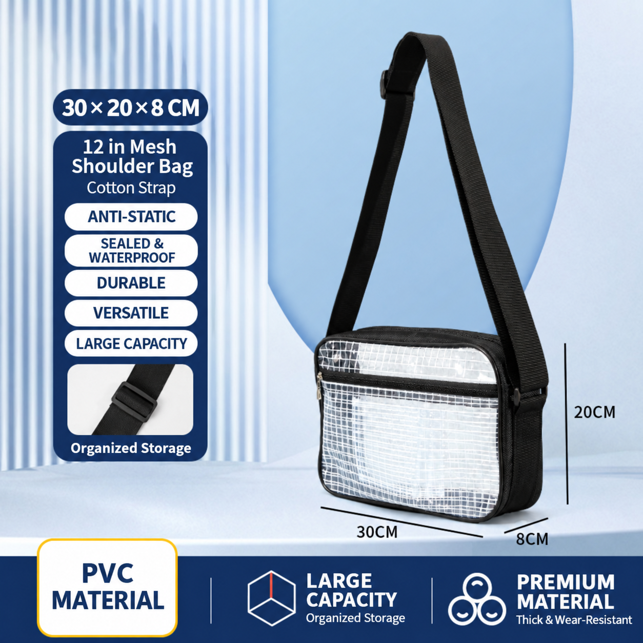 BOLTTE transparent PVC anti-static cleanroom bag 12 in Mesh Shoulder Bag – Cotton Strap – 30 × 20 × 8 cm