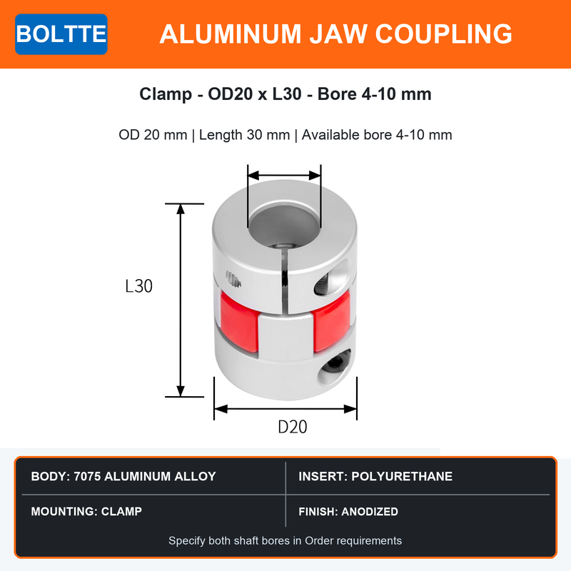 BOLTTE aluminum jaw coupling OD 20 mm length 30 mm bore 4 to 10 mm