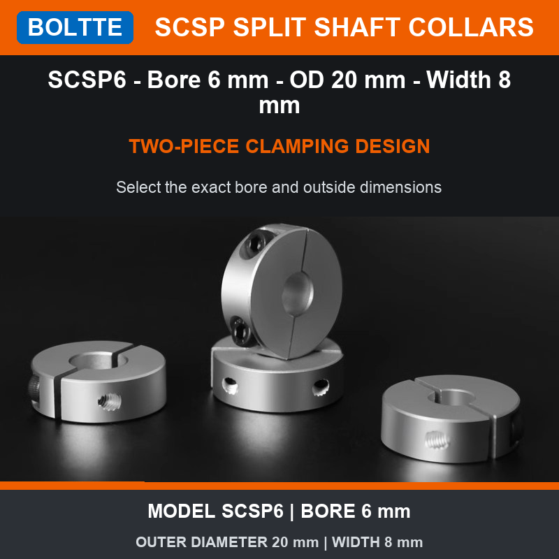 BOLTTE SCSP6 two-piece split shaft collar 6 mm bore 20 mm outer diameter 8 mm width