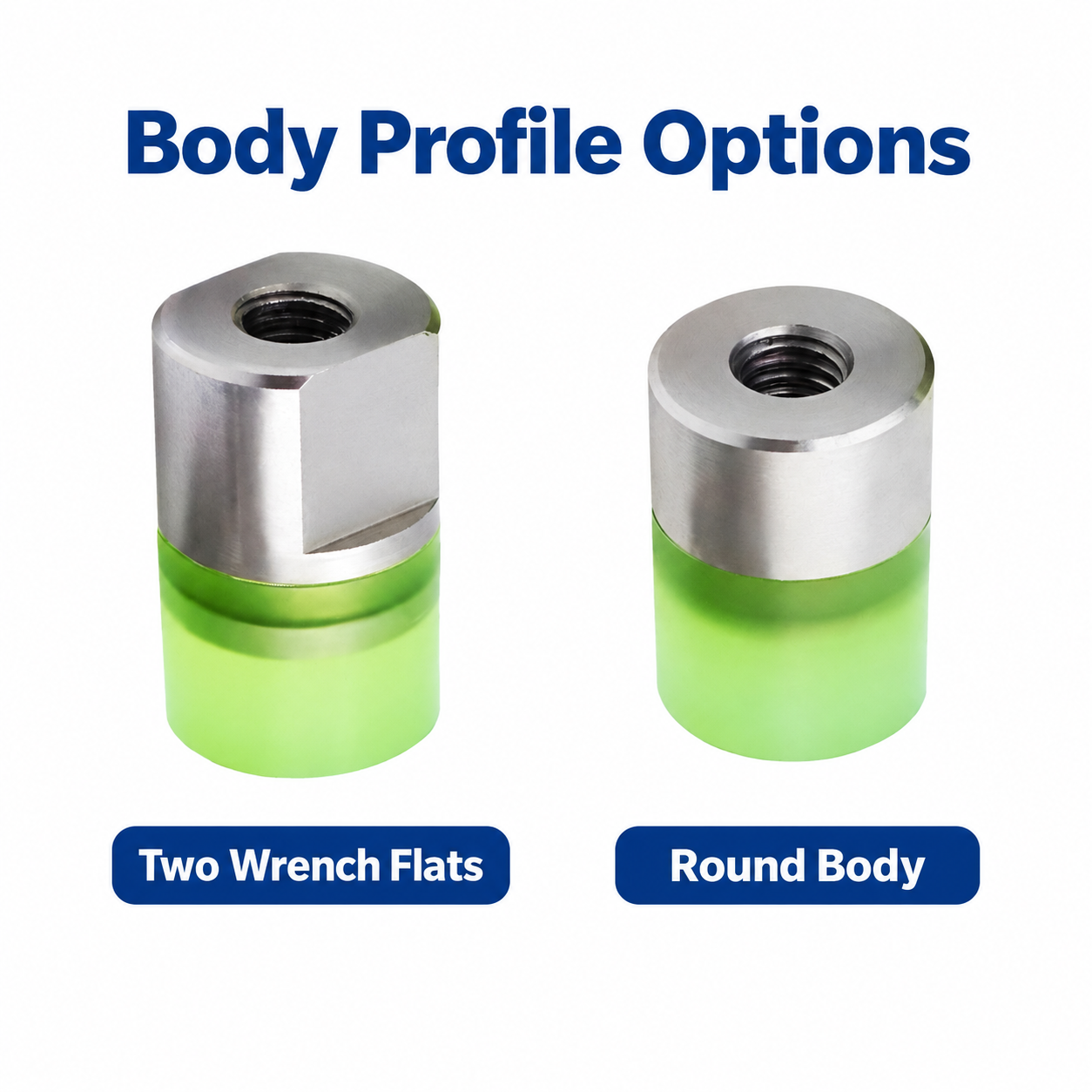 Female-thread polyurethane buffer stop body profiles with wrench flats and round body