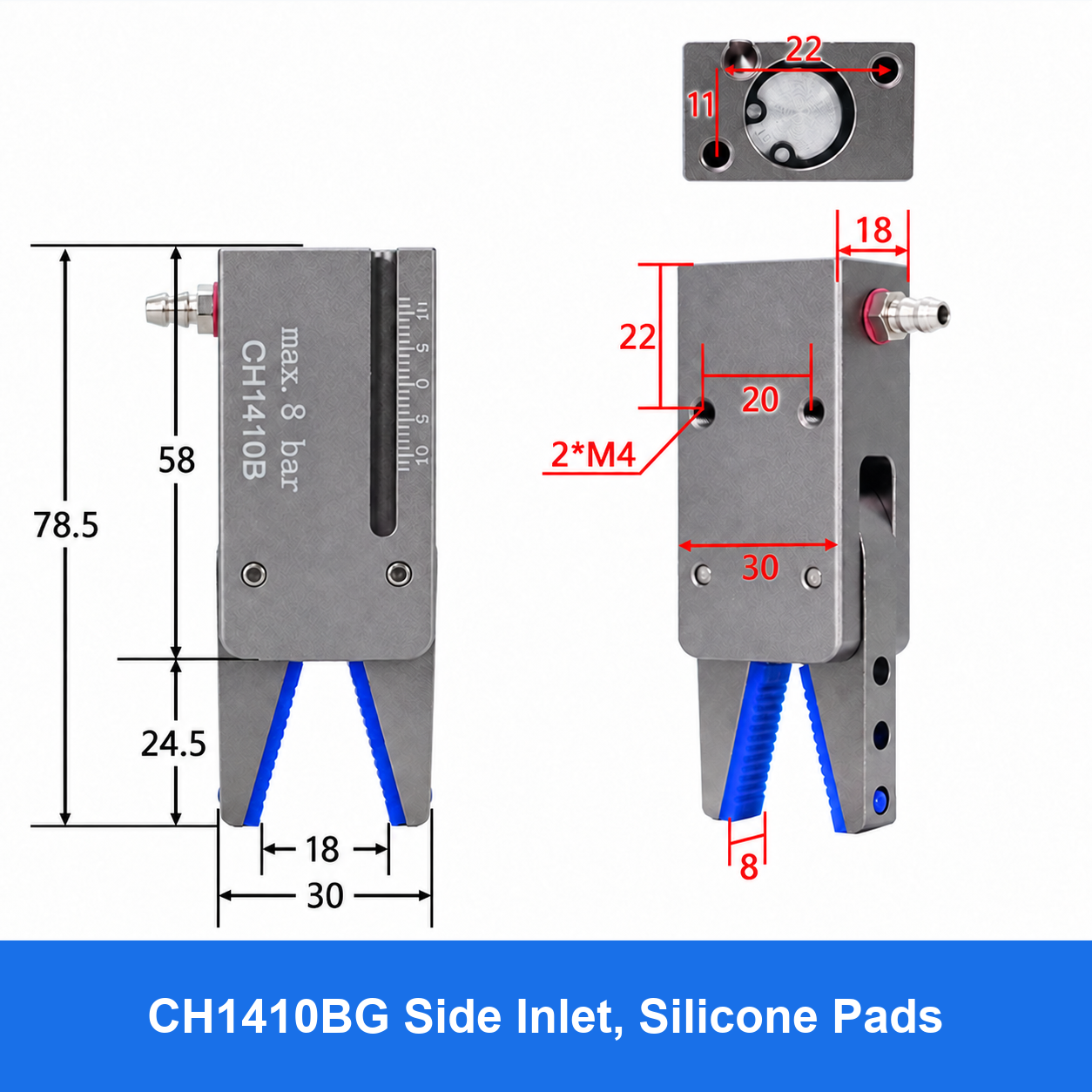 CH1410 mini pneumatic gripper or accessory, CH1410BG Side Inlet, Silicone Pads