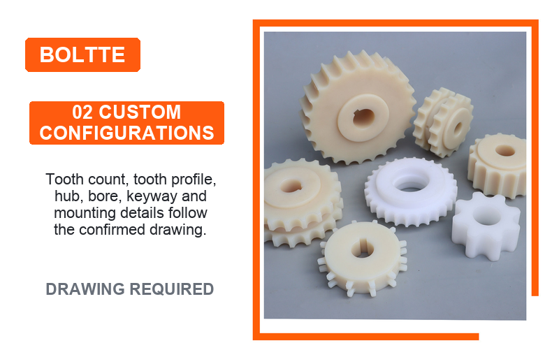 BOLTTE custom sprocket tooth bore hub and keyway configurations
