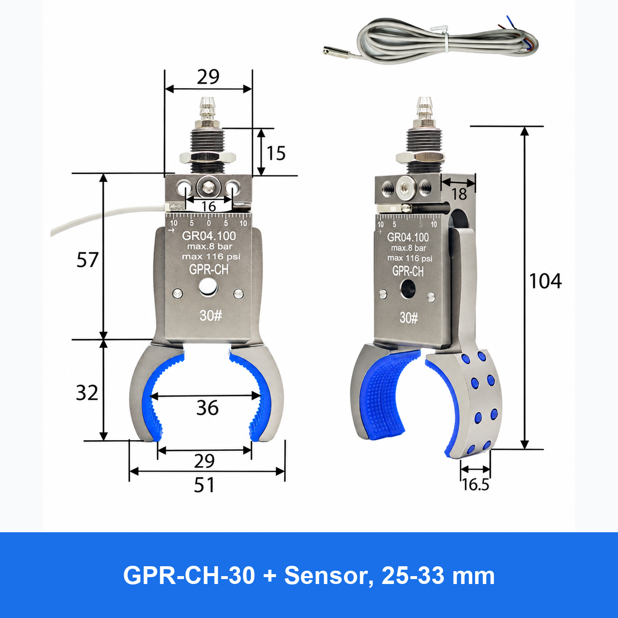 Pneumatic bottle-preform gripper, GPR-CH-30 + Sensor, 25-33 mm