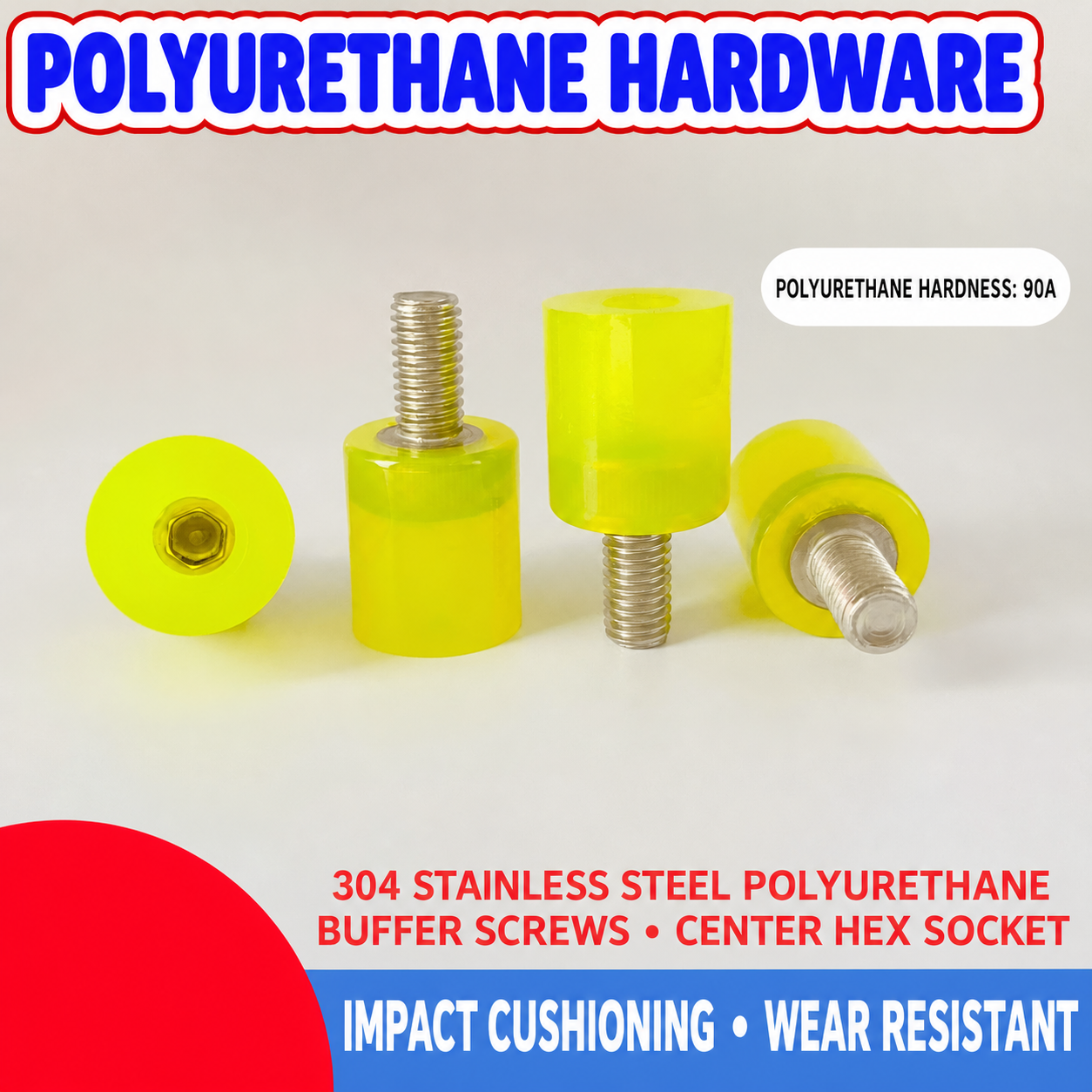 Polyurethane buffer screw product views with 90A hardness and 304 stainless-steel studs