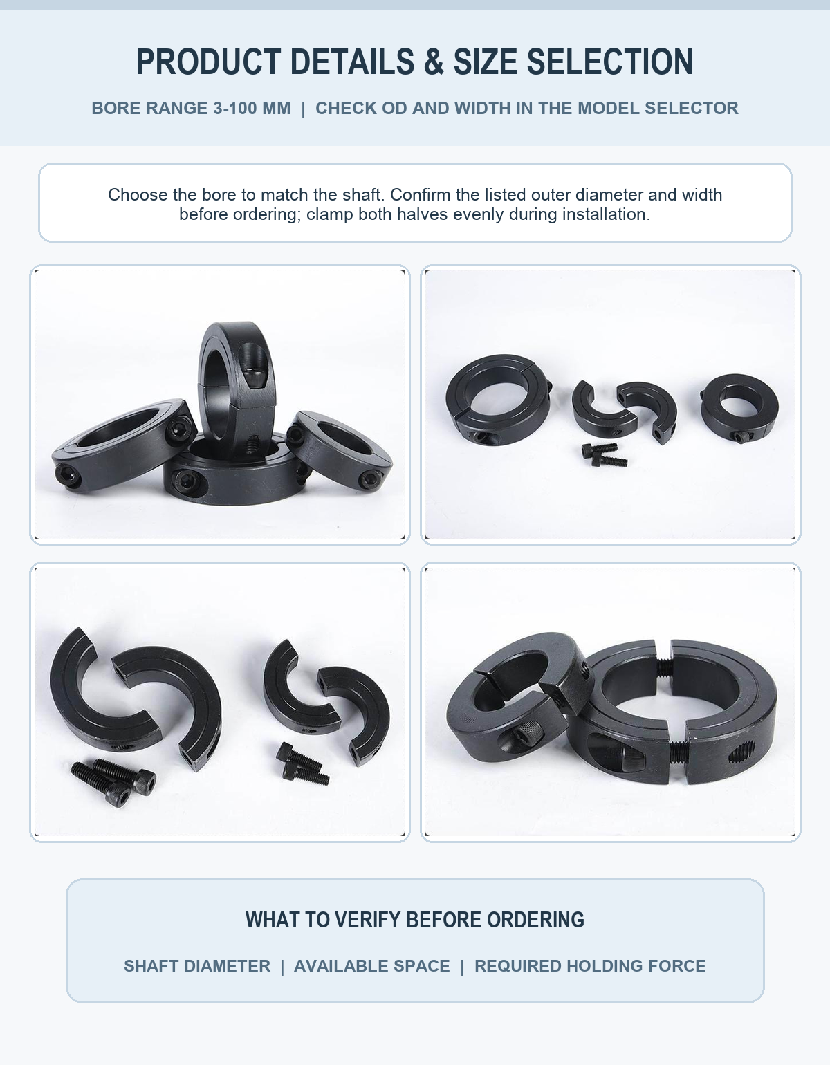 Two-piece split shaft collar product gallery and size guide