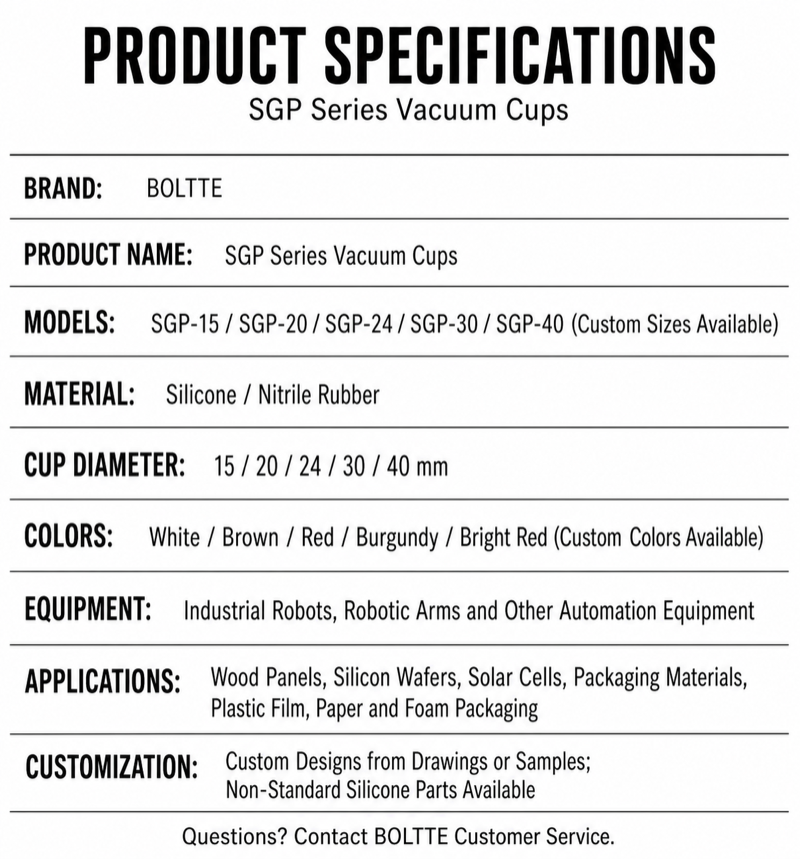 BOLTTE SGP vacuum cup product specifications