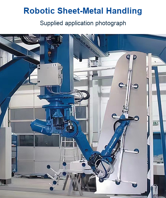 Real supplied application example: robotic handling of a sheet-metal panel. Machinery is illustrative and is not included.