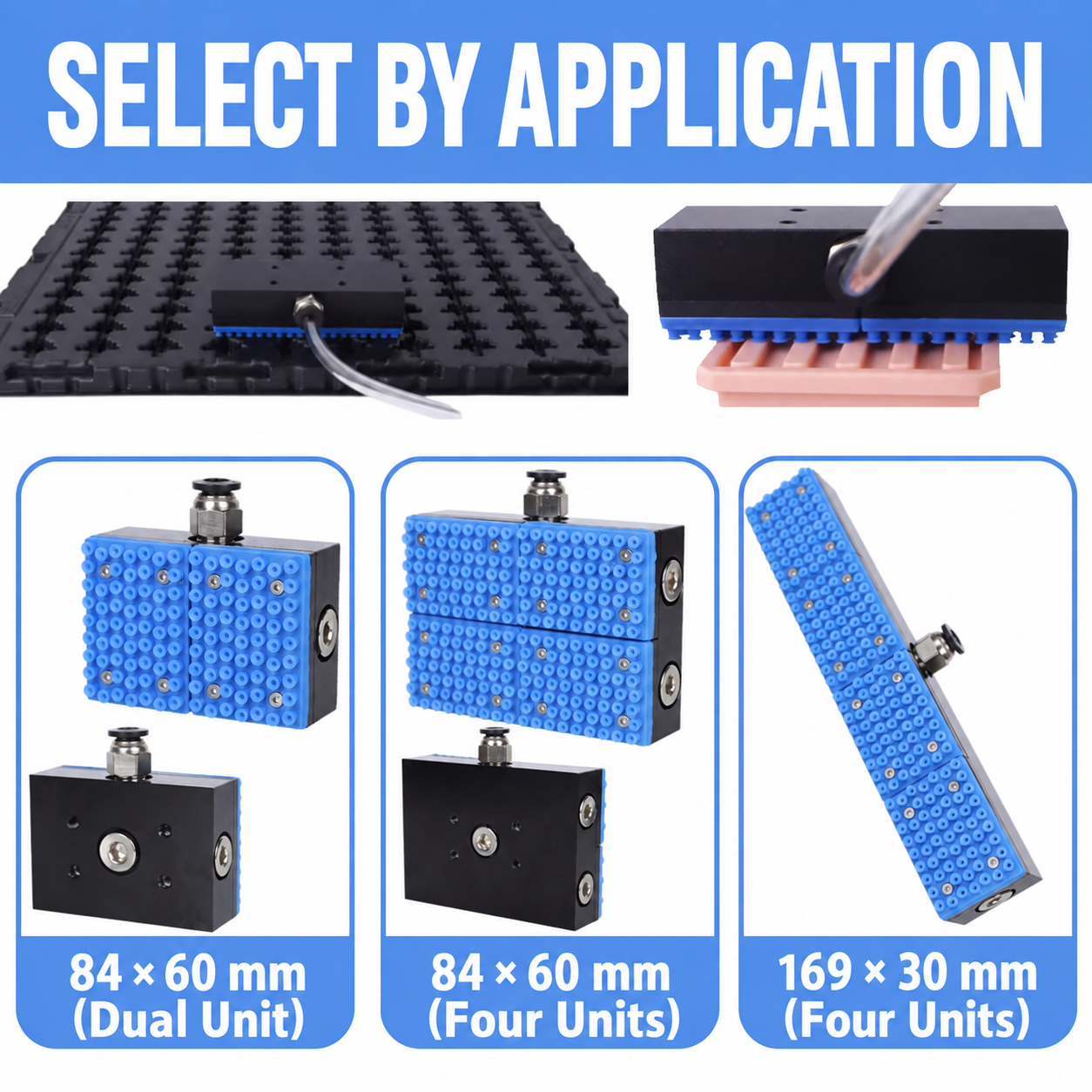 Integrated industrial vacuum pad configurations by application and size