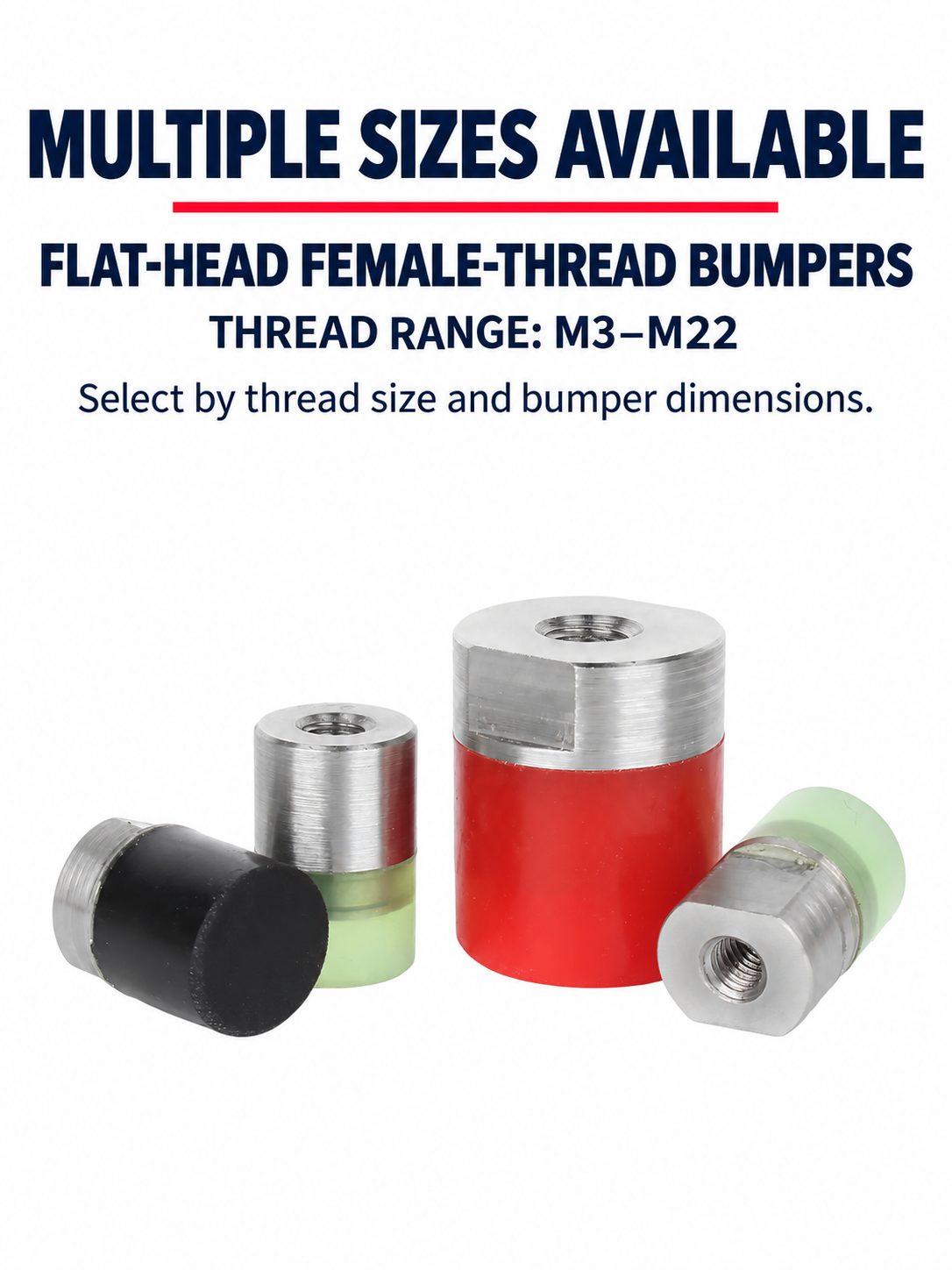 Polyurethane-coated female-thread bumper size range from M3 to M22