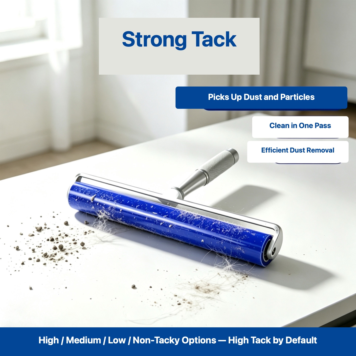 Strong-tack silicone roller picking up dust and particles