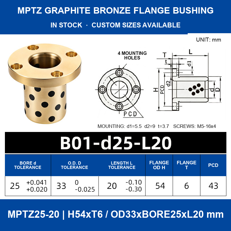 MPTZ graphite bronze round flange bushing, 25 mm bore, 33 mm OD, 20 mm length