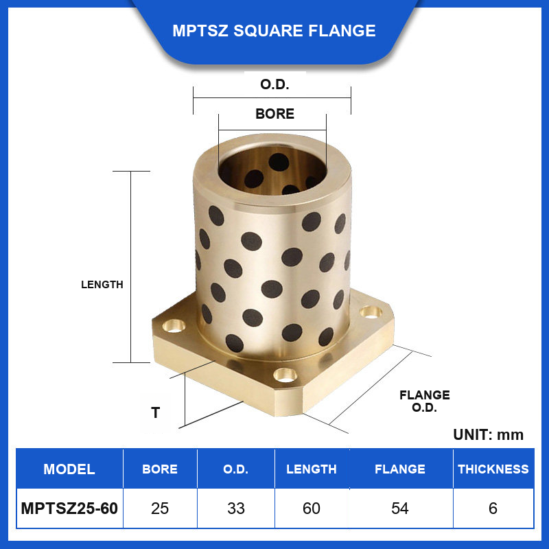 MPTSZ square flange graphite bronze bushing, 25 mm bore, 33 mm OD, 60 mm length