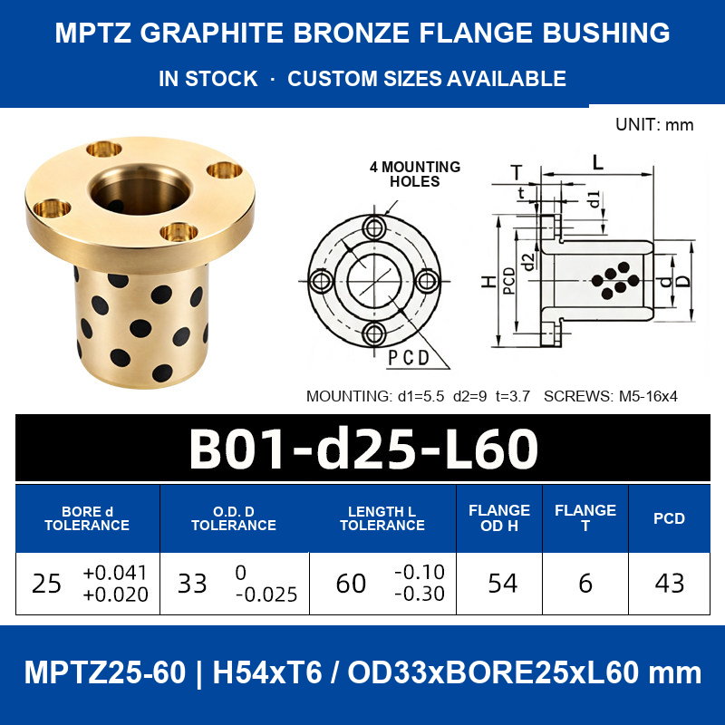 MPTZ graphite bronze round flange bushing, 25 mm bore, 33 mm OD, 60 mm length