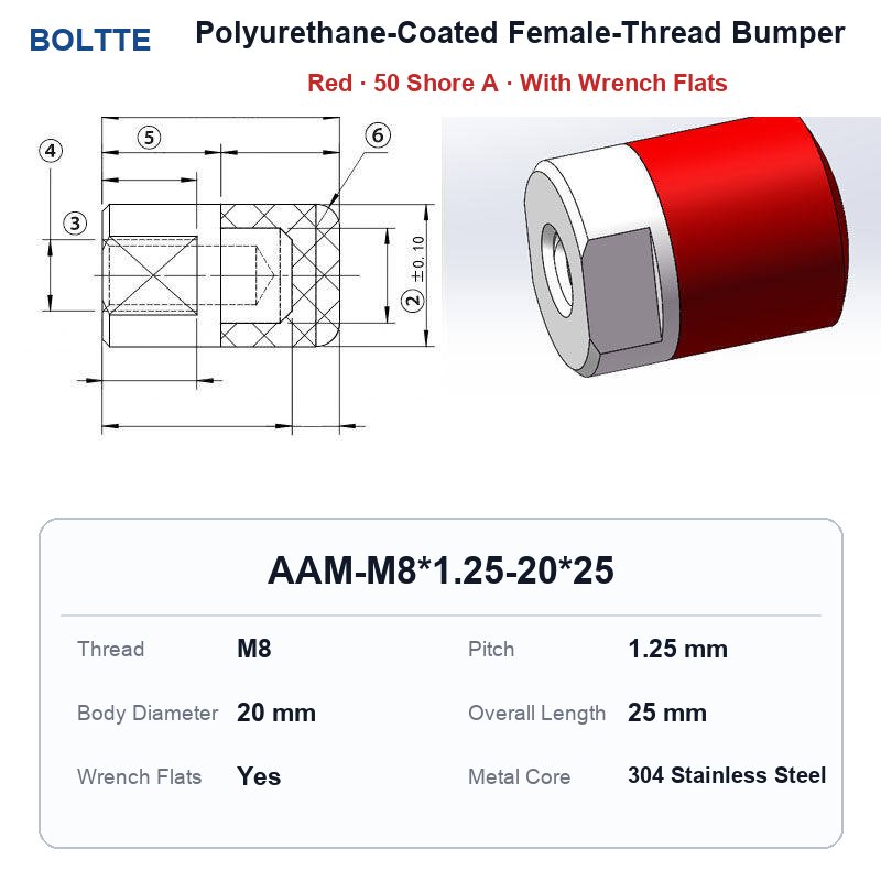 Red 50 Shore A - M8*1.25-20*25 polyurethane-coated female-thread bumper