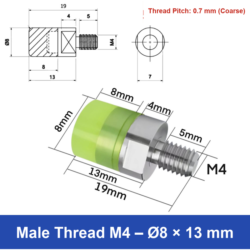 Male Thread M4 – Ø8 × 13 mm, 304 stainless steel polyurethane-coated buffer component
