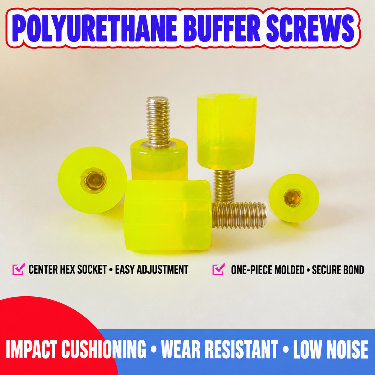 Polyurethane buffer screws with center hex socket, one-piece molded body and low-noise cushioning