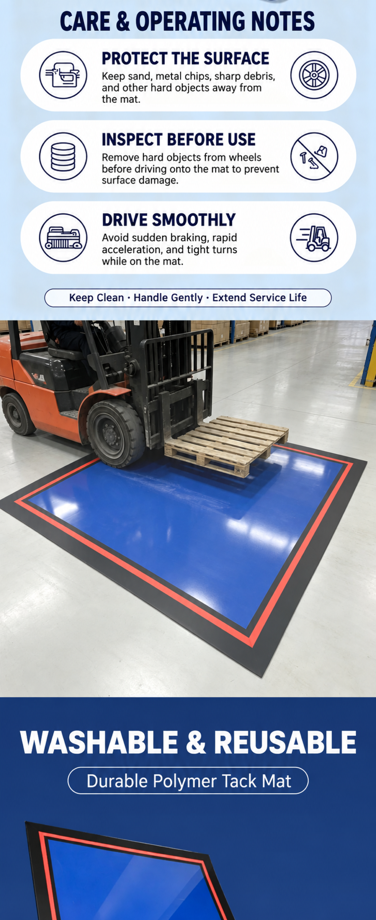 Washable tacky mat care and operating notes