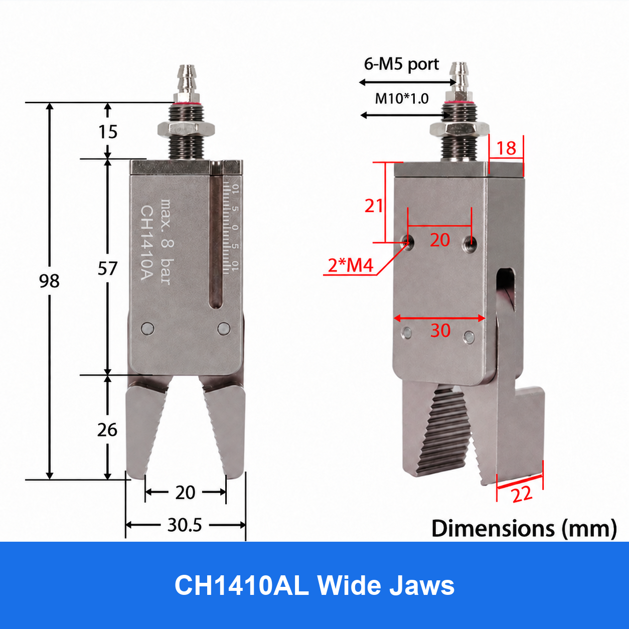 CH1410 mini pneumatic gripper or accessory, CH1410AL Wide Jaws
