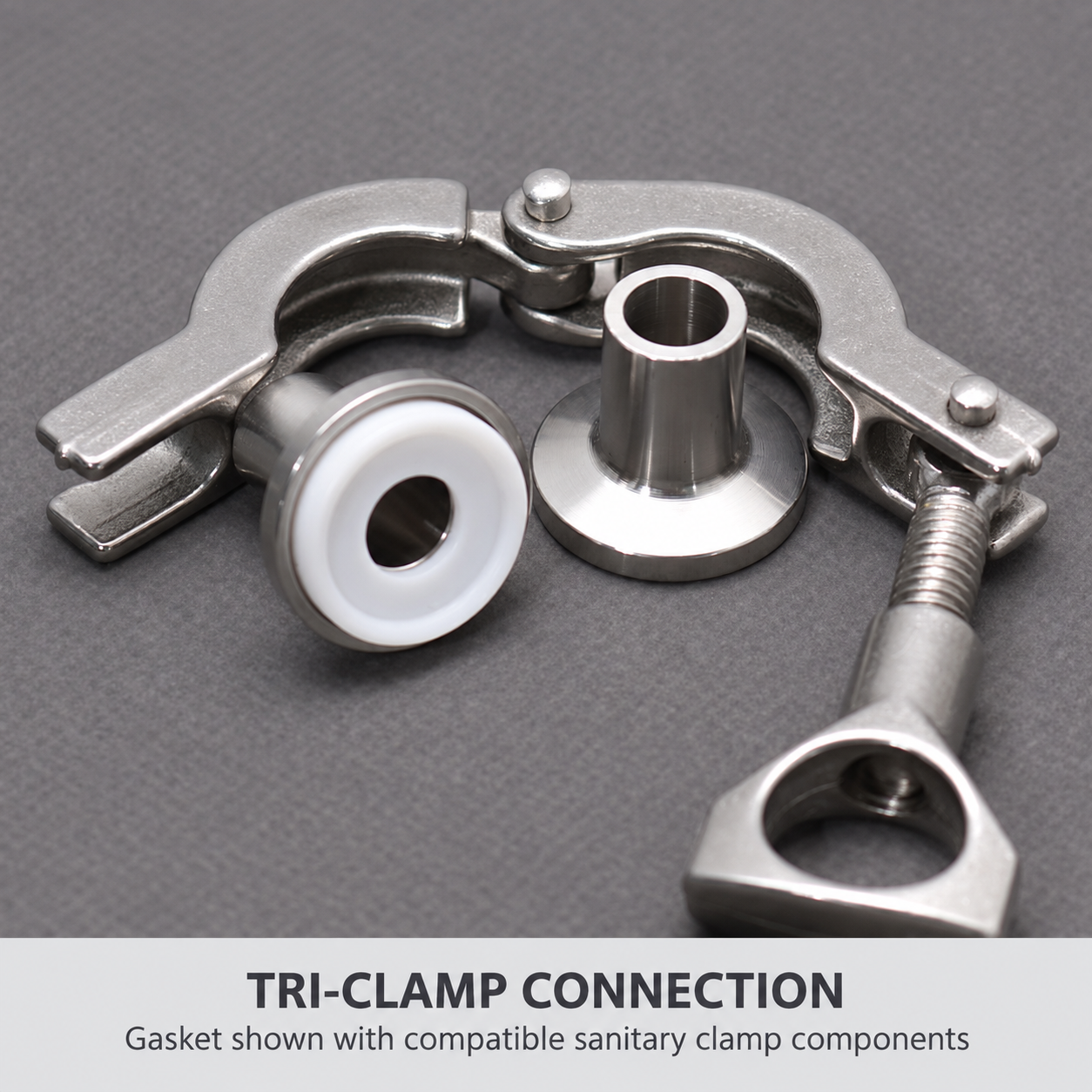 Tri-clamp gasket shown with compatible sanitary clamp components