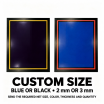 Custom-size blue and black washable tacky mats