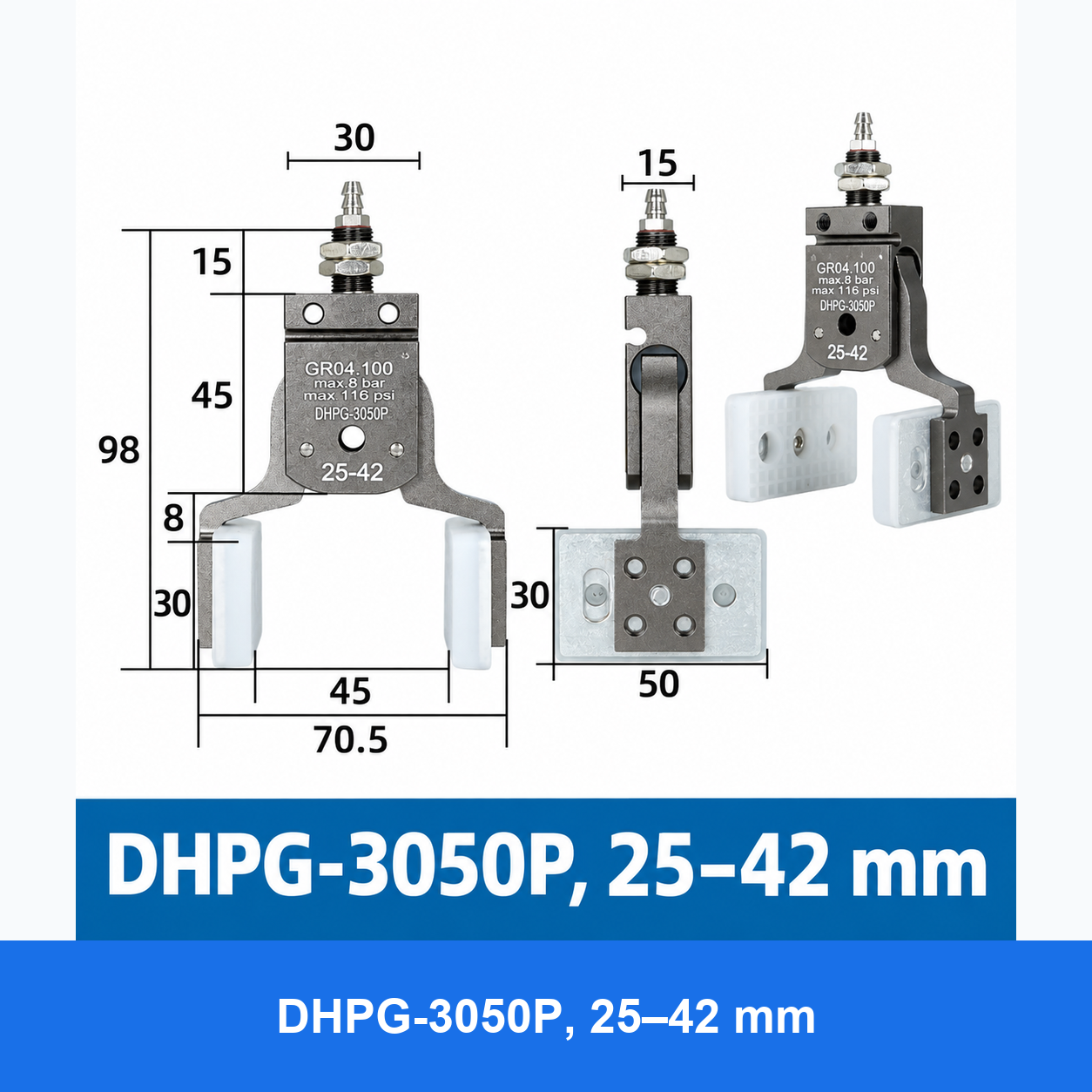 DHPG or DHRG 3050 mini pneumatic gripper, DHPG-3050P, 25–42 mm