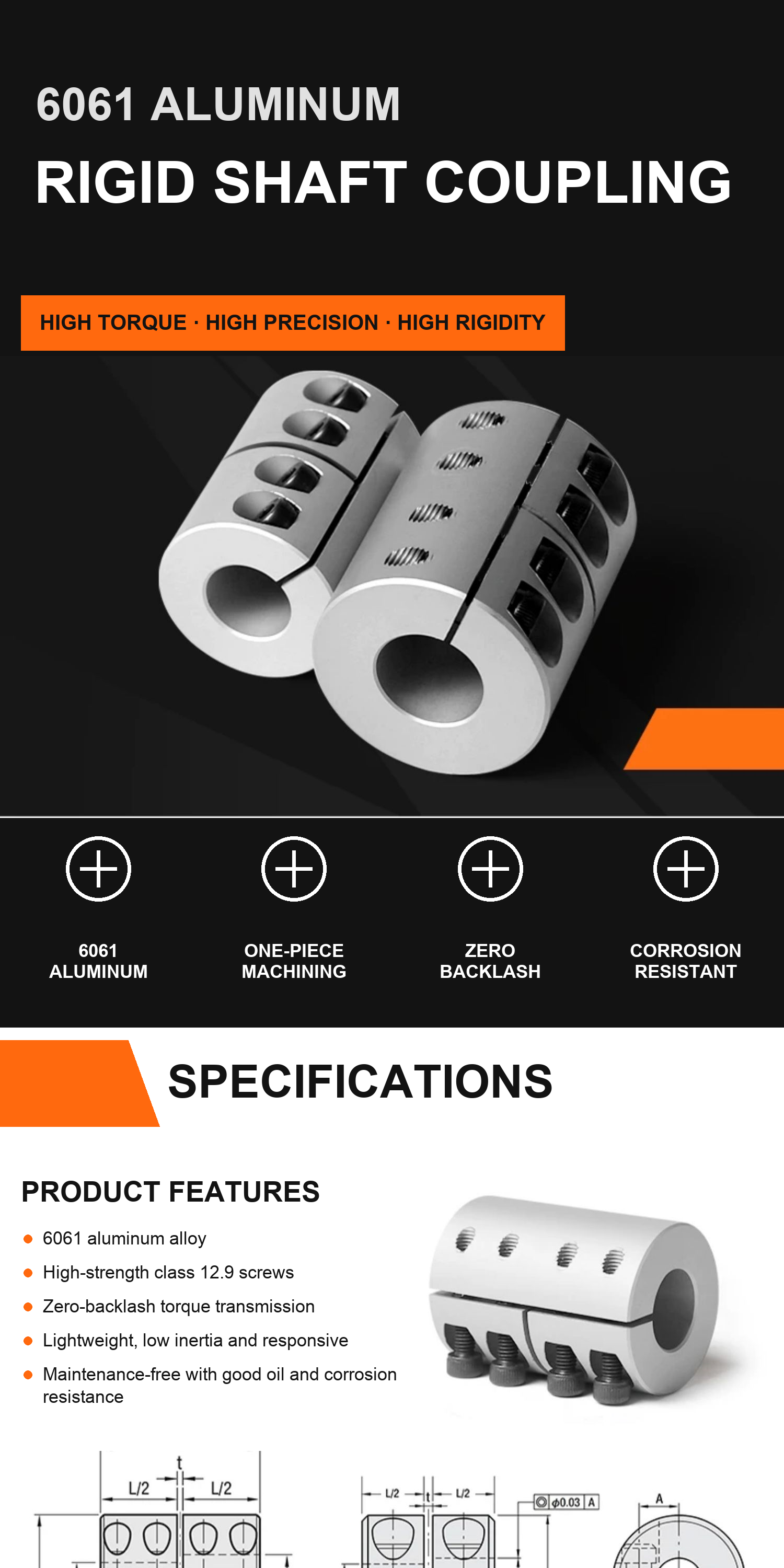 Rigid shaft coupling features and technical drawing top