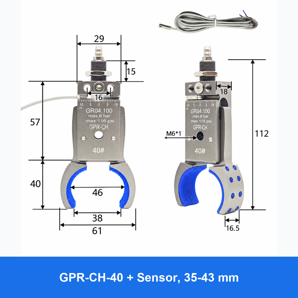 Pneumatic bottle-preform gripper, GPR-CH-40 + Sensor, 35-43 mm