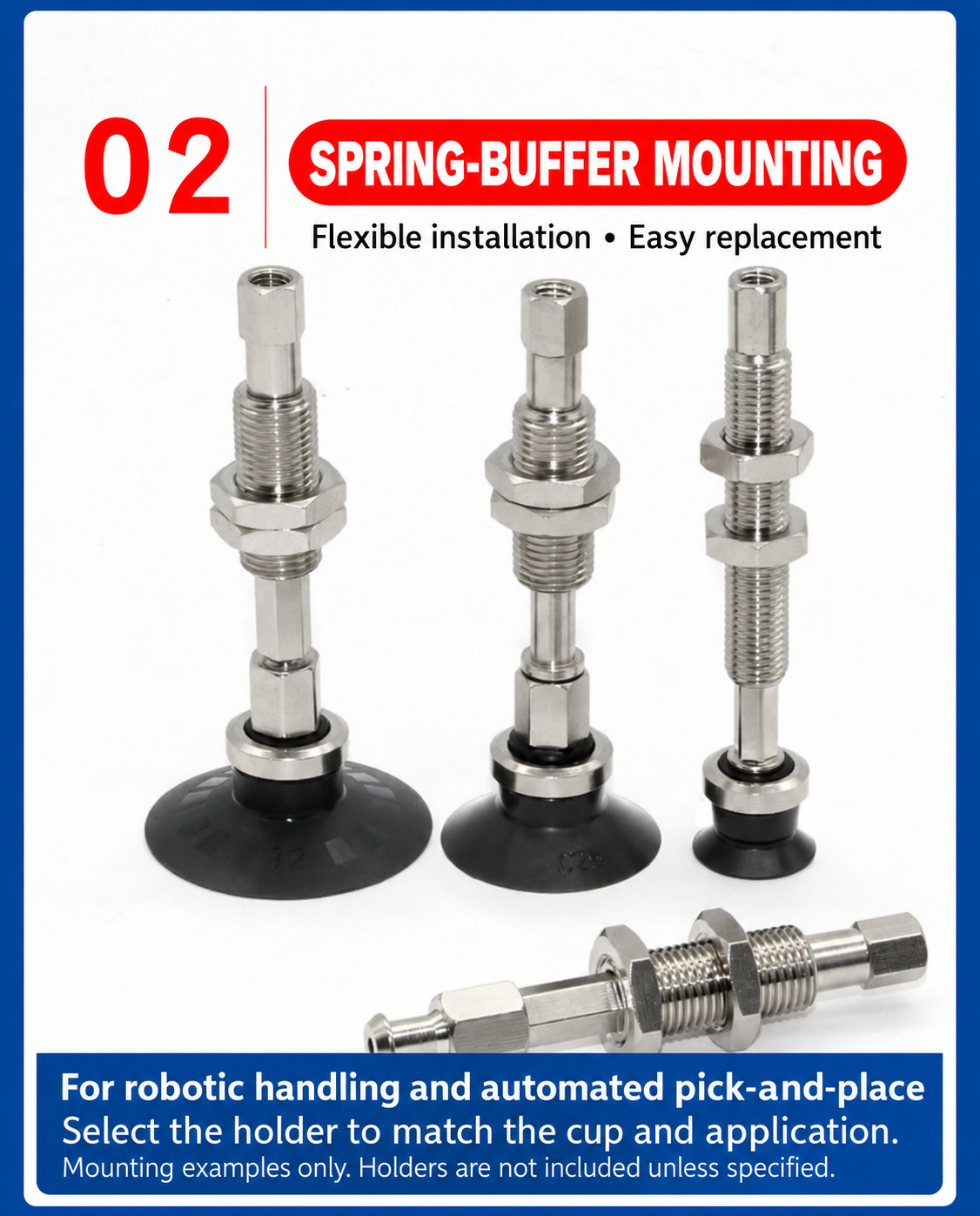 Spring-buffer holder mounting examples; holders not included unless specified