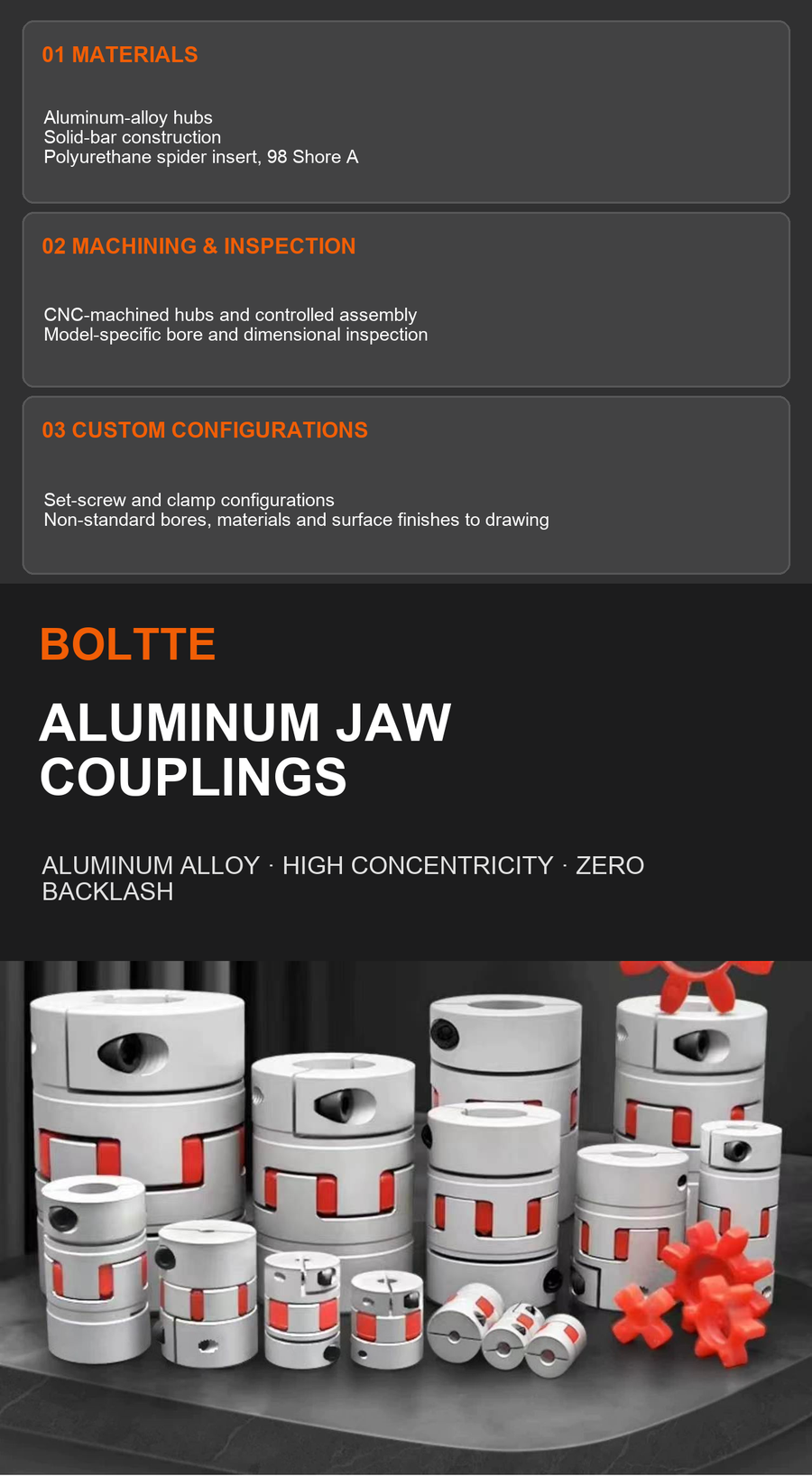 Jaw coupling materials machining and configurations