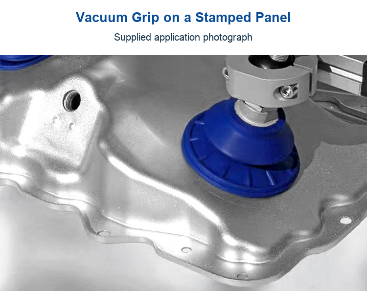 Real supplied application example: a blue vacuum cup sealing against a stamped automotive panel.