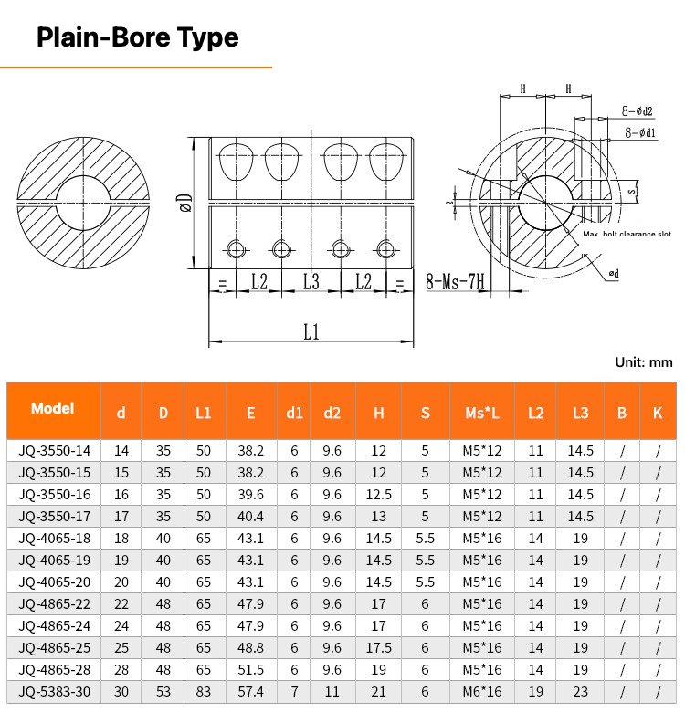Plain-bore JQ split rigid shaft coupling dimensions and model table
