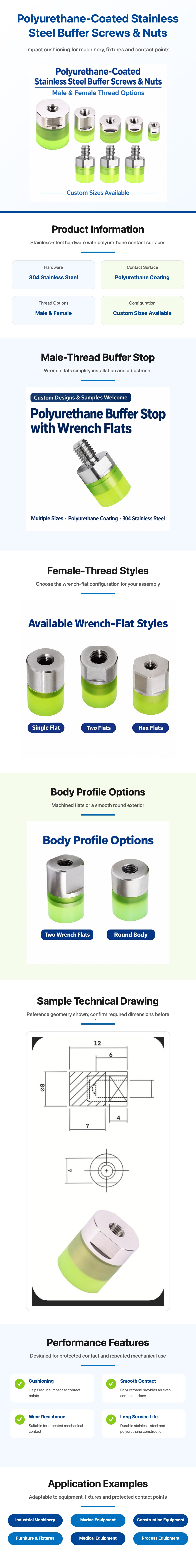 Polyurethane-coated stainless-steel buffer screw and nut product details, technical drawing, features and applications