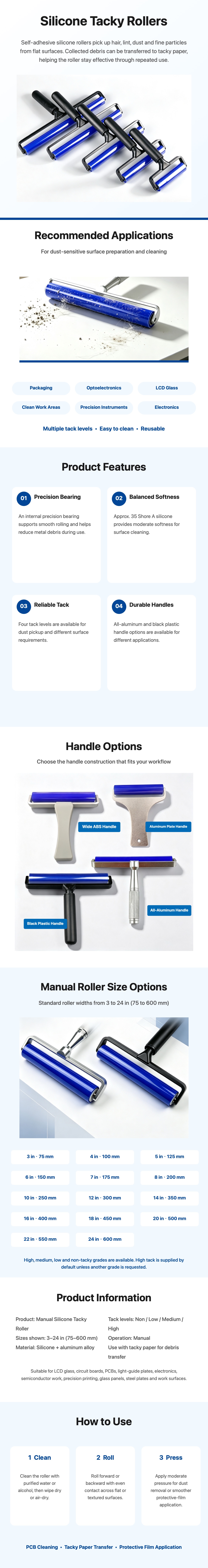 Silicone tacky roller applications, features, sizes, specifications and use instructions