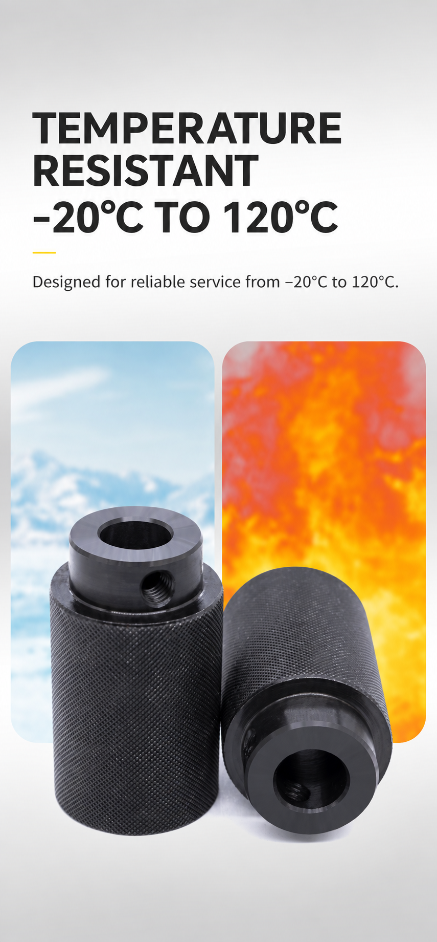 Black coated rollers rated for temperatures from minus 20 to 120 degrees Celsius