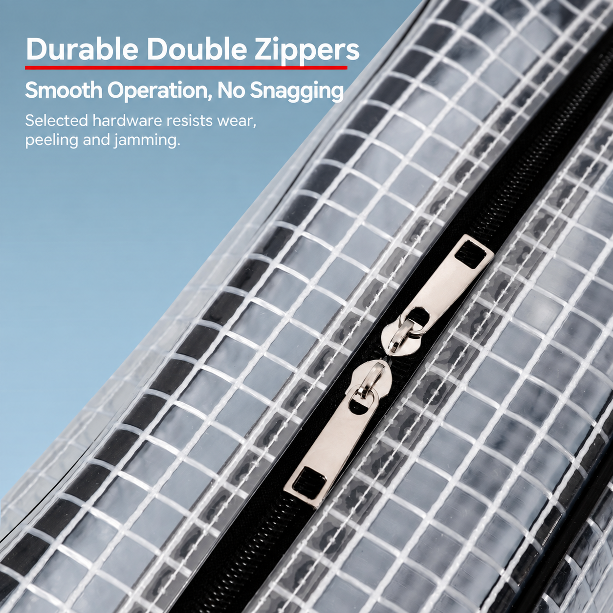 Durable double-zipper hardware detail