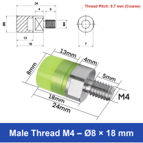 Male Thread M4 – Ø8 × 18 mm, 304 stainless steel polyurethane-coated buffer component
