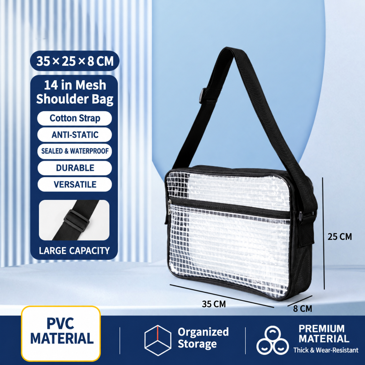 BOLTTE transparent PVC anti-static cleanroom bag 14 in Mesh Shoulder Bag – Cotton Strap – 35 × 25 × 8 cm