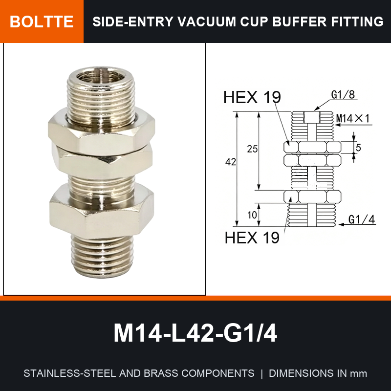 BOLTTE M14-L42-G1/4 side-entry rotary vacuum cup buffer fitting