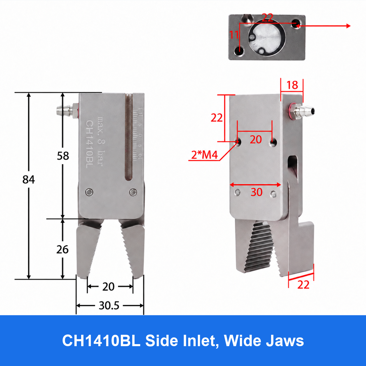 CH1410 mini pneumatic gripper or accessory, CH1410BL Side Inlet, Wide Jaws