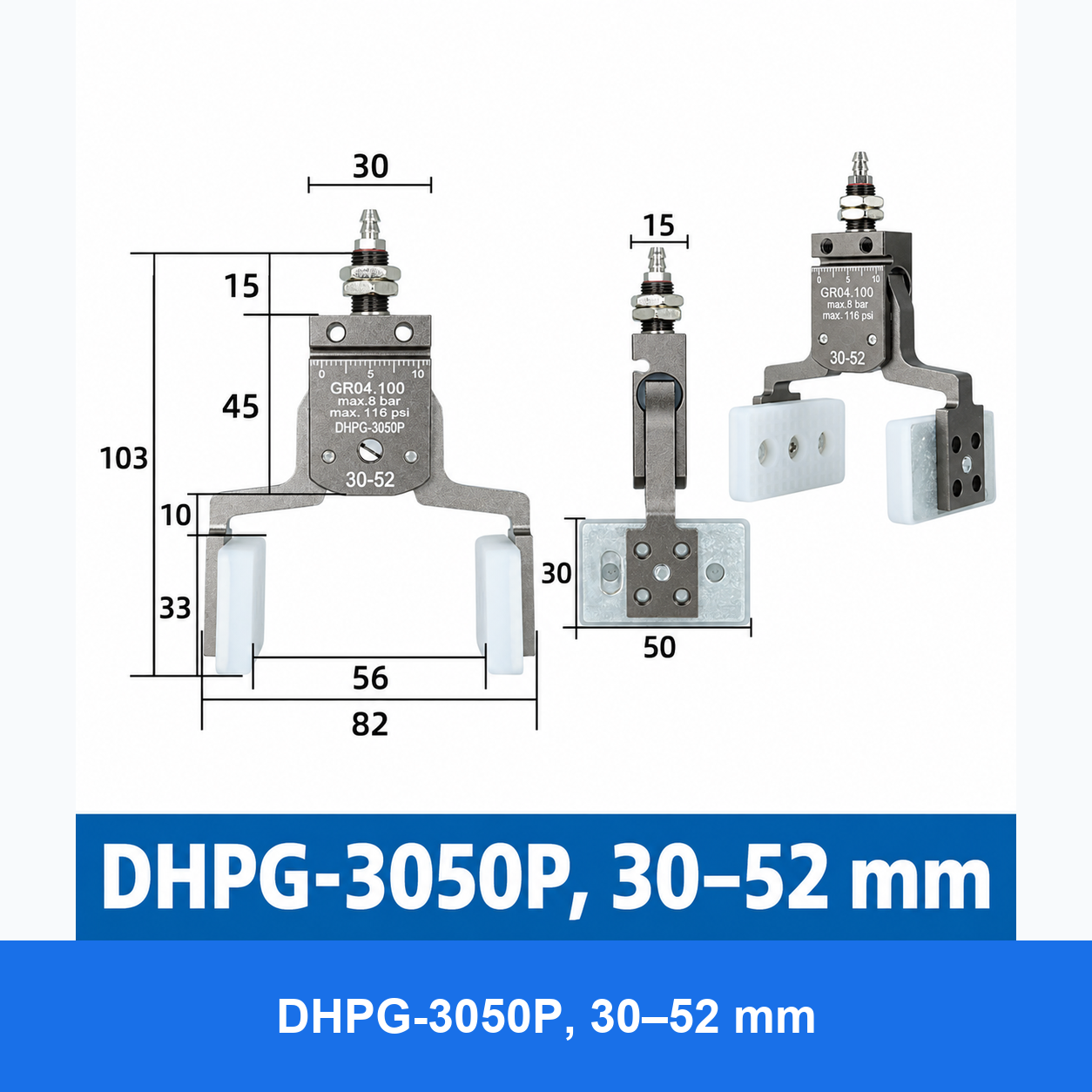 DHPG or DHRG 3050 mini pneumatic gripper, DHPG-3050P, 30–52 mm