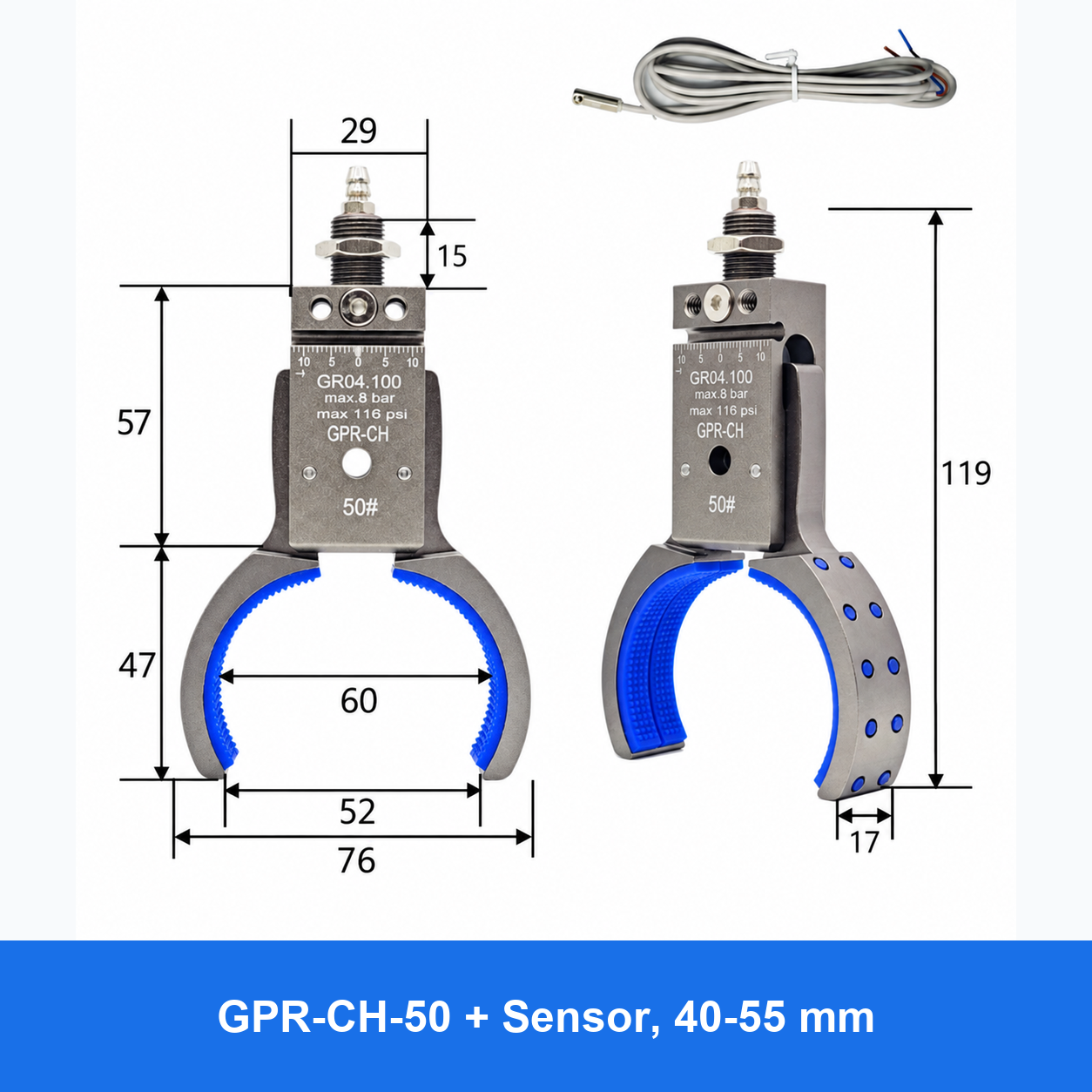 Pneumatic bottle-preform gripper, GPR-CH-50 + Sensor, 40-55 mm