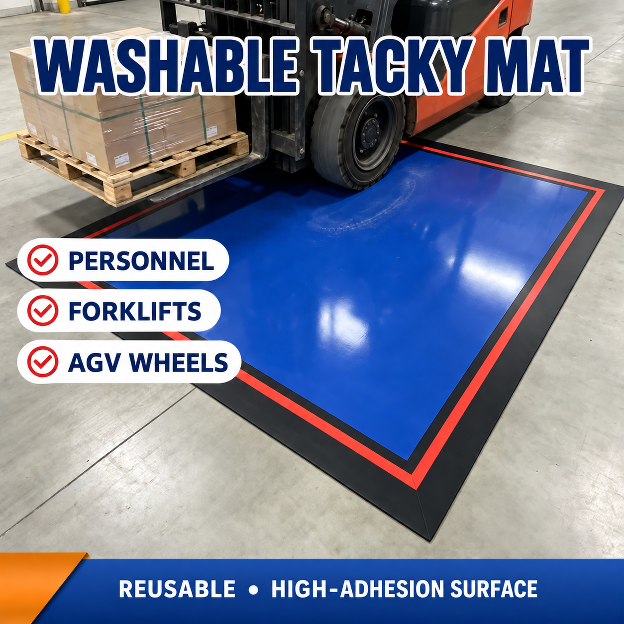 Washable tacky mat used for forklift and AGV wheel cleaning