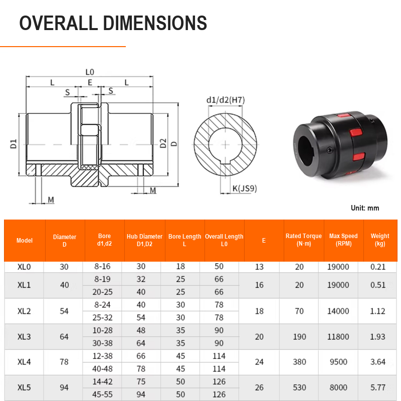 BOLTTE XL star jaw coupling overall dimensions and ratings