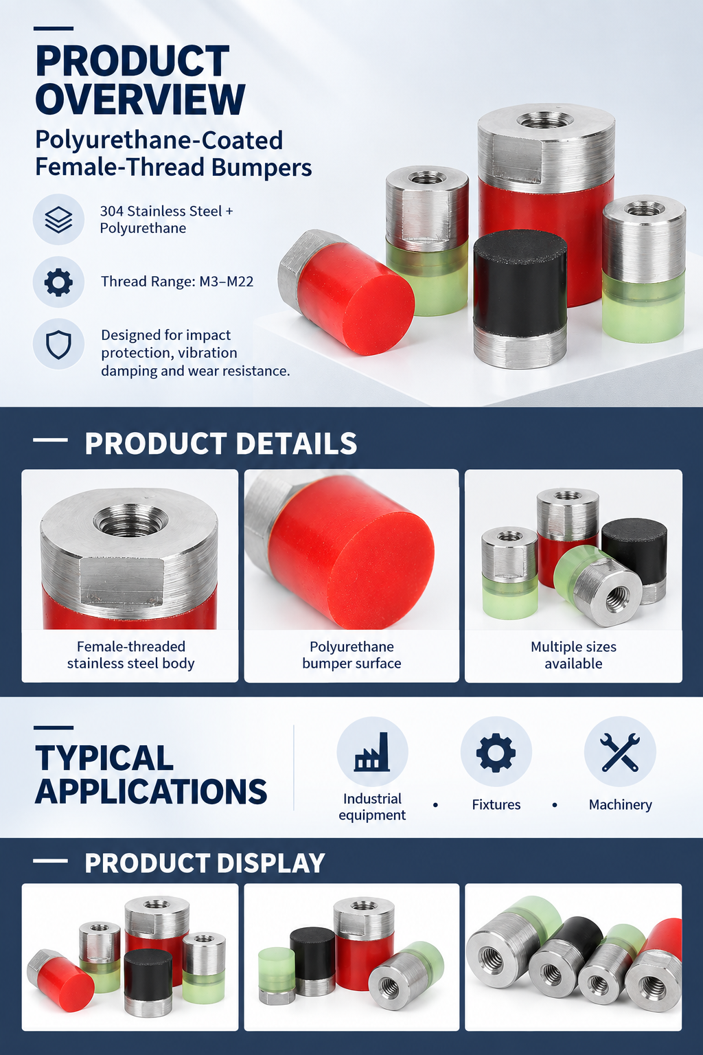 Female-thread bumper overview details applications and product display