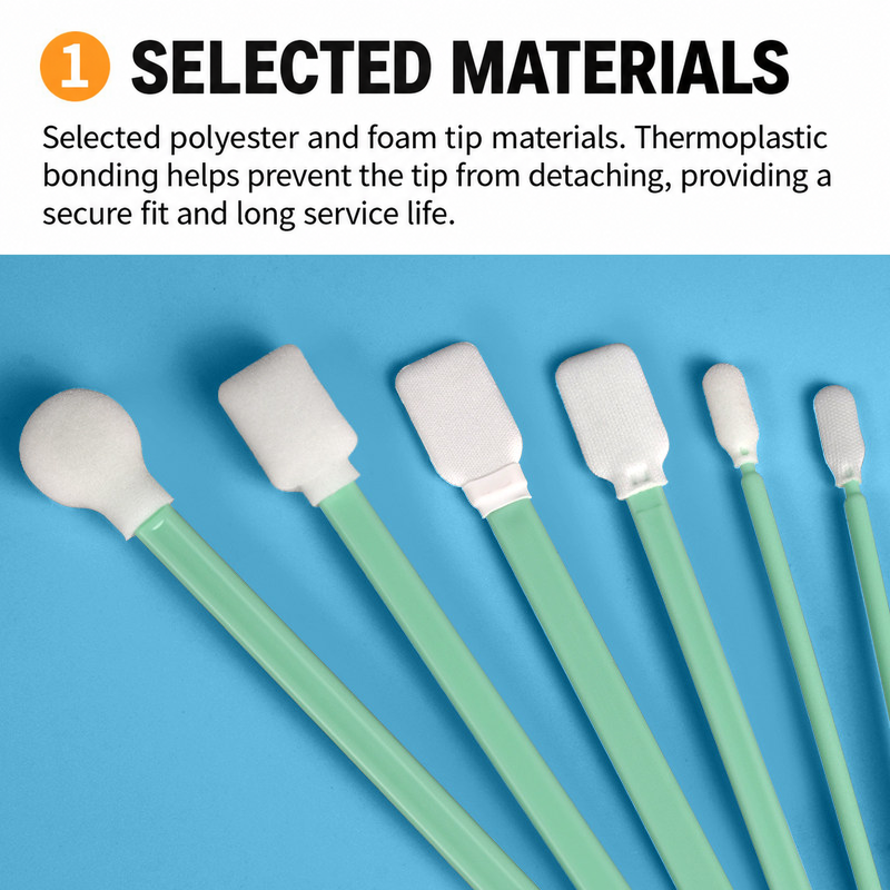 Selected polyester and foam cleanroom swab tip materials
