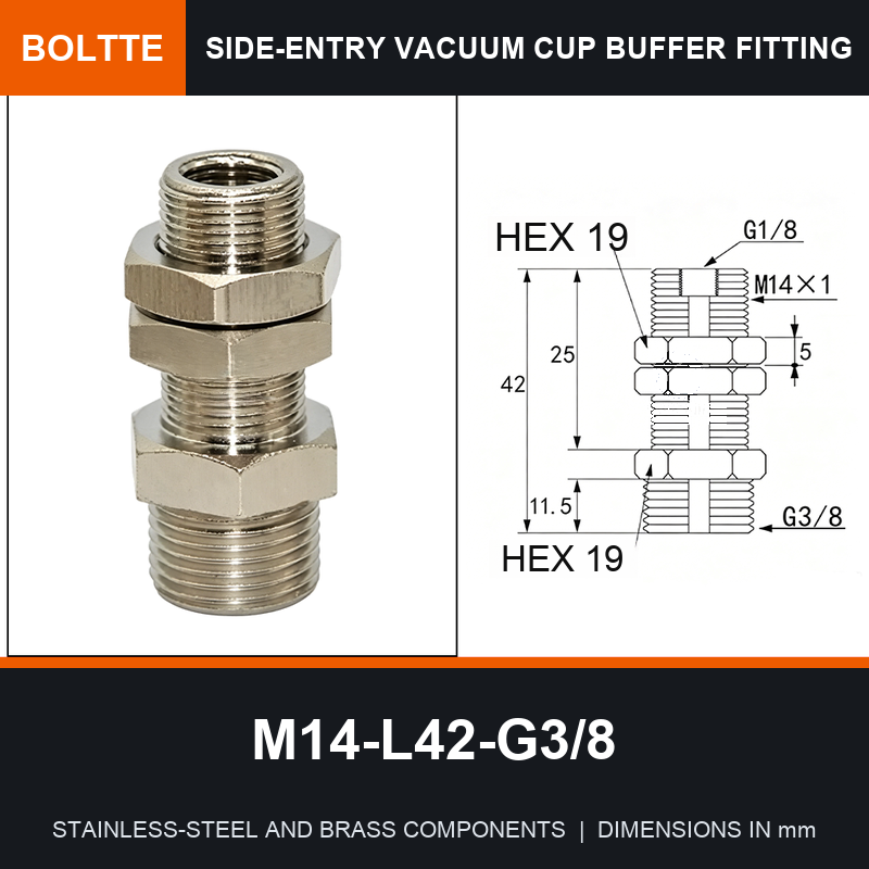BOLTTE M14-L42-G3/8 side-entry rotary vacuum cup buffer fitting