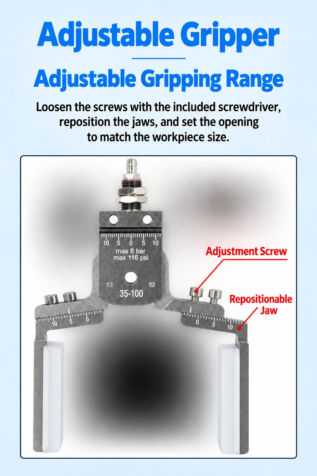 Adjustable DHPG 3050 gripper with repositionable jaws
